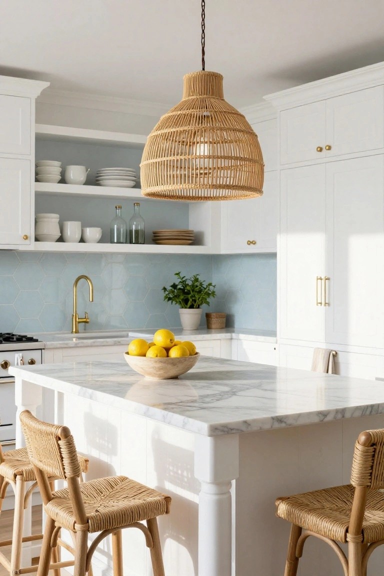 A bright kitchen with a white marble island, woven rattan pendant light, woven bar stools, light blue tile backsplash, and open shelving with white dishes.
