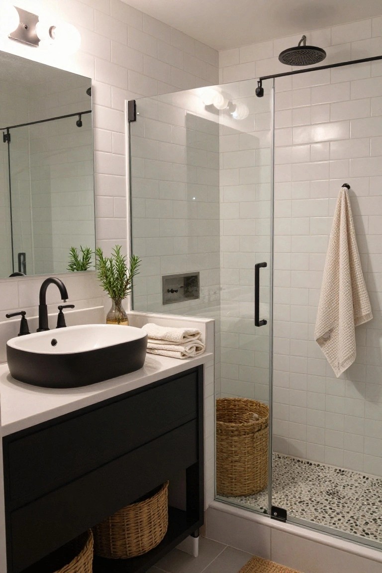 A modern bathroom with white subway tiles, a black vanity and vessel sink, black fixtures, a glass shower, and several woven baskets used for storage.
