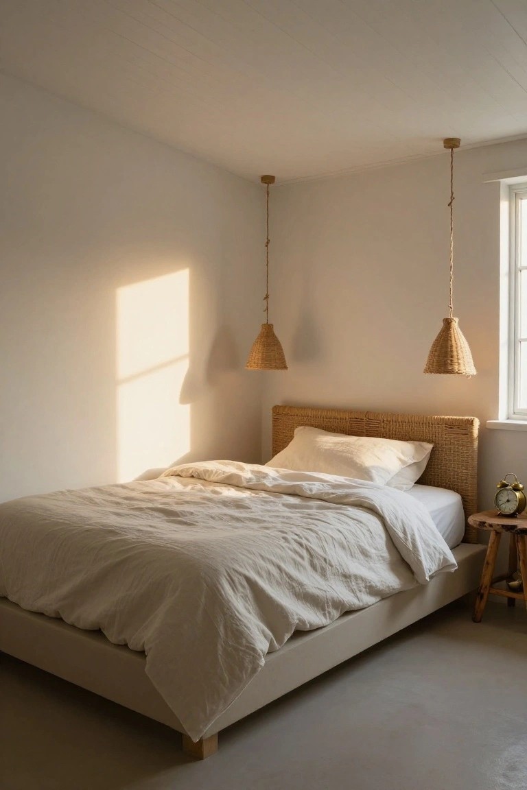 A bedroom with a bed covered in white linens, a woven headboard, and two hanging woven pendant lights.