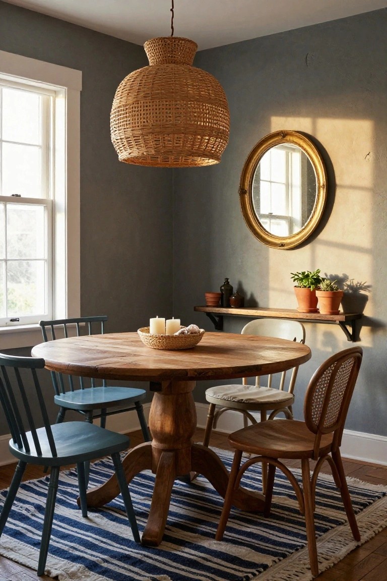 A round wooden dining table with mixed chairs sits under a large woven pendant light on a blue and white striped rug in a room with gray walls.