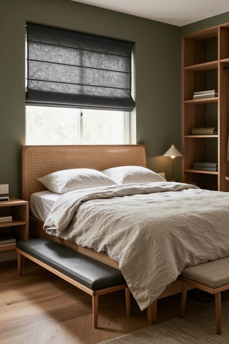 A bedroom featuring a wooden bed with a woven headboard, white and beige bedding, a black bench at the foot, and built-in wooden shelves on the right wall.