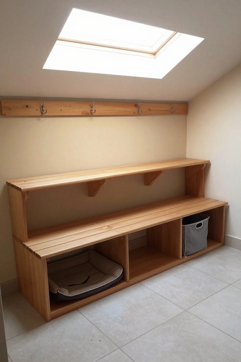 Wooden bench with coat hooks, upper shelf, pet bed, and storage basket under skylight.