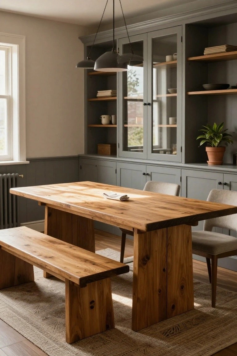 A dining room with a long wooden table, bench on one side, upholstered chairs on the other, and gray built-in cabinetry with glass doors and open shelves along the back wall.