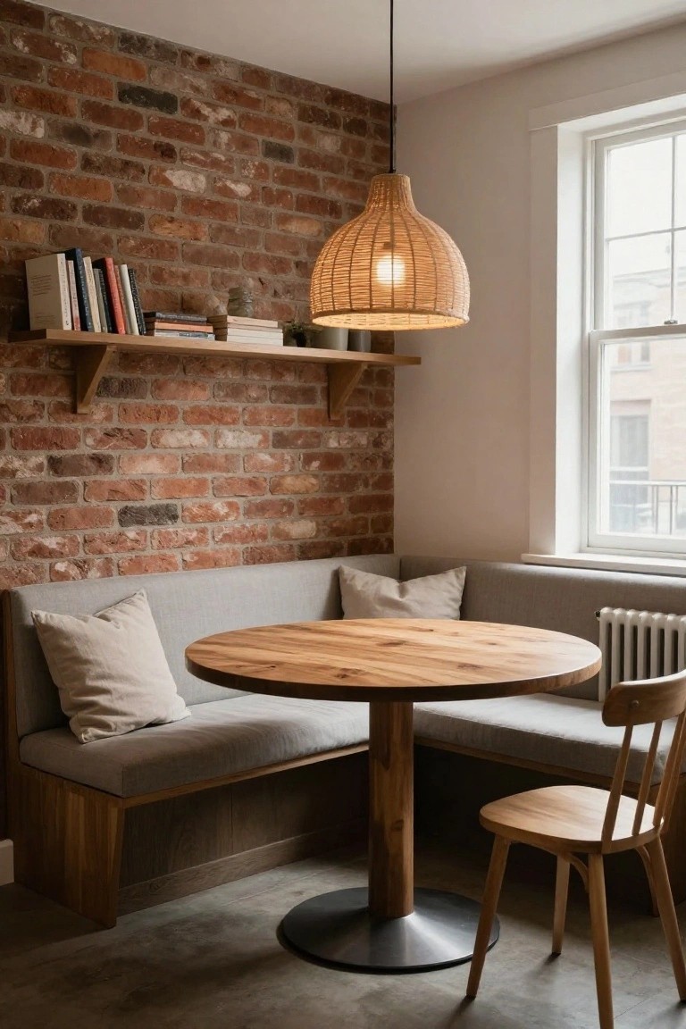 A round wooden dining table with a pedestal base sits in front of a gray upholstered built-in bench against a red brick wall, with a woven pendant light overhead.