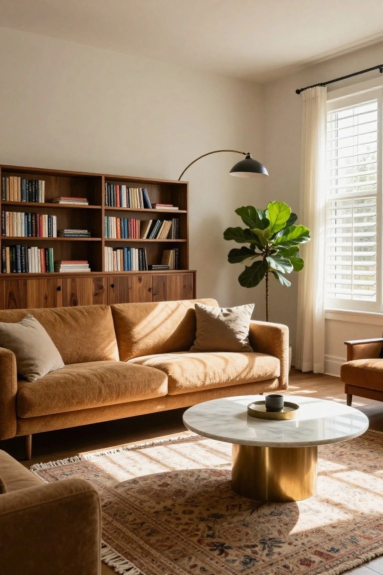 A living room featuring a brown sofa facing a built-in wooden bookshelf unit, a round marble coffee table on a patterned rug, and sunlight coming through a window with blinds.