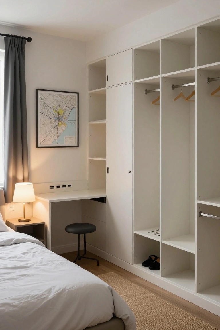 Modern bedroom with white built-in closet, desk, bed, and city map.