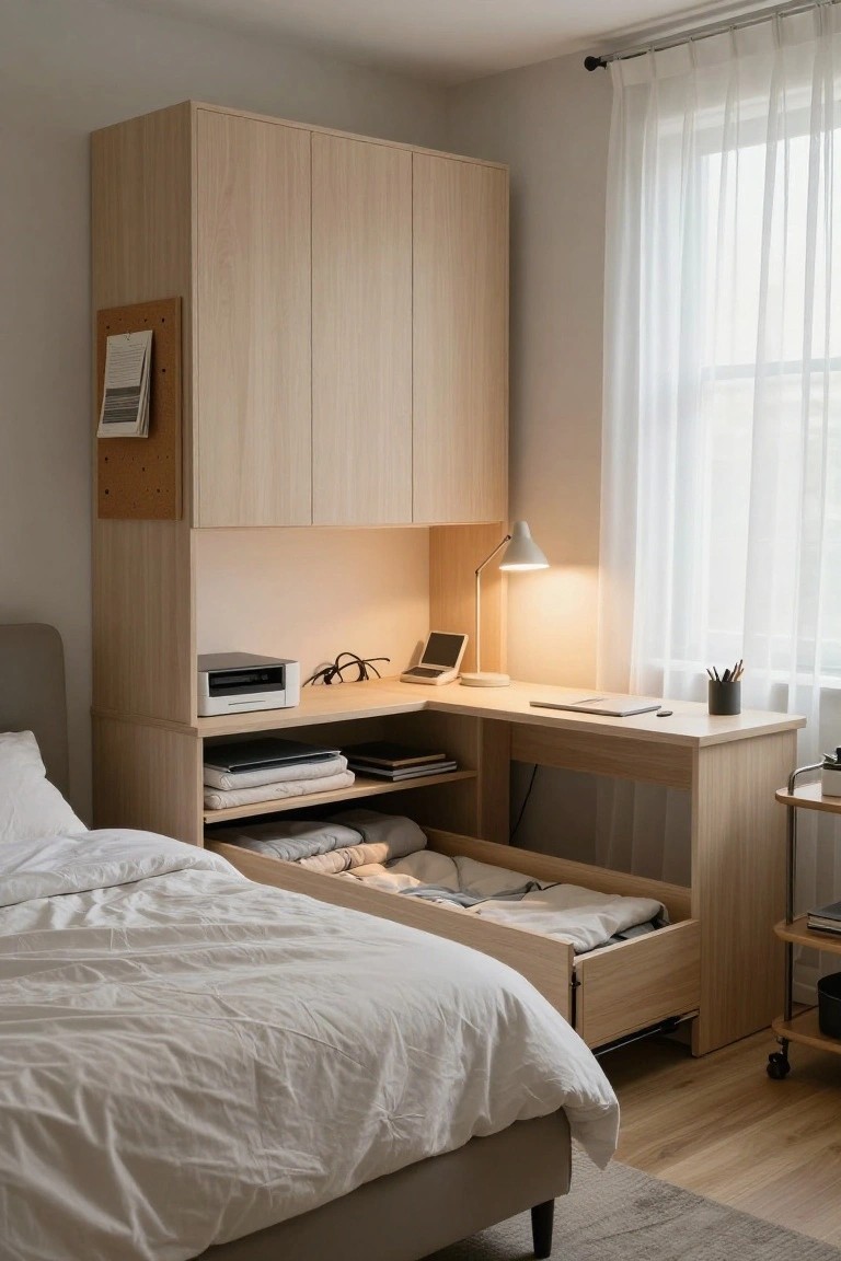 A light wood built-in unit in a bedroom combines upper cabinets, a desk surface with a lamp, open shelves, and a pull-out bed drawer beneath it, positioned next to a window with white curtains.