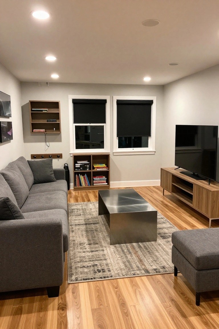 A living room featuring a gray sectional sofa, a rectangular metallic coffee table on a patterned rug, two windows with black shades, and a television on a wooden console.