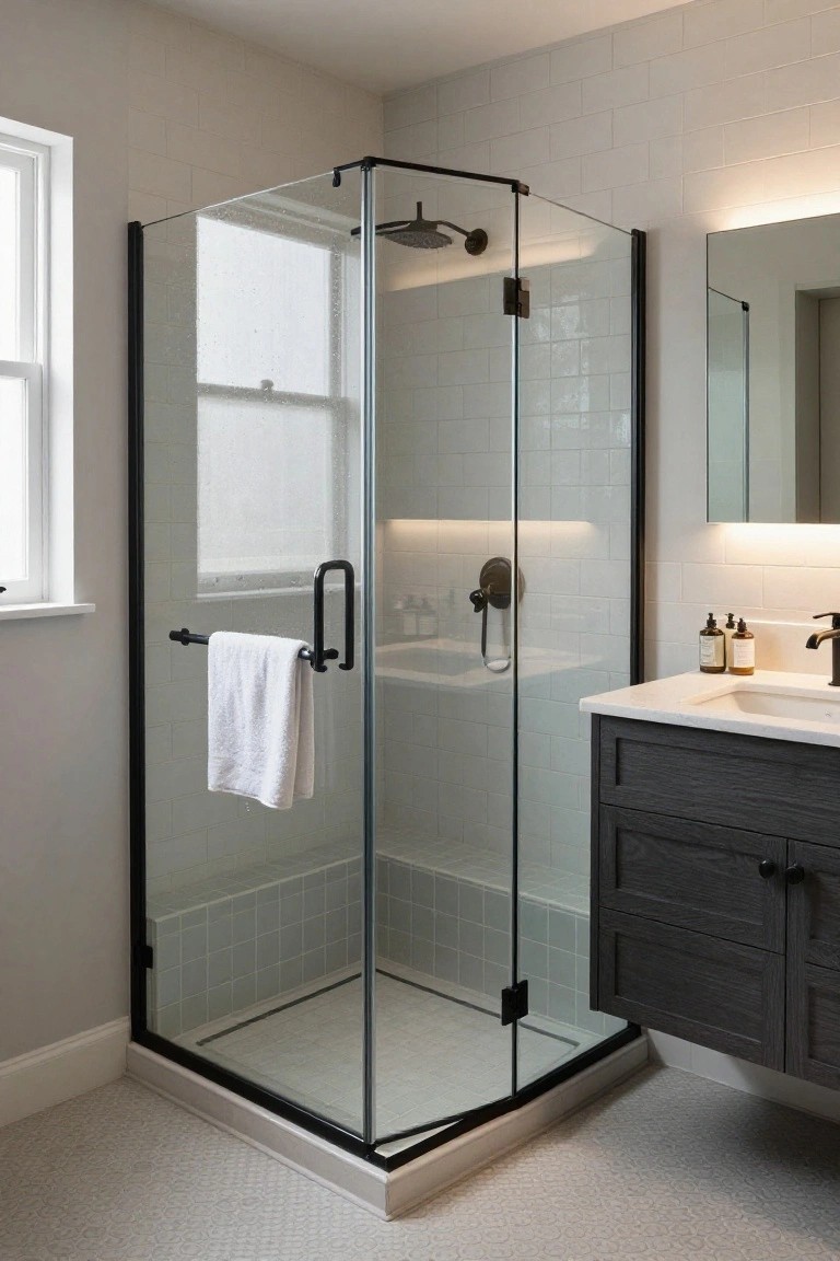 A bathroom corner with a glass shower enclosure framed in black, light blue tile inside, and a dark wood vanity with sink to the right.