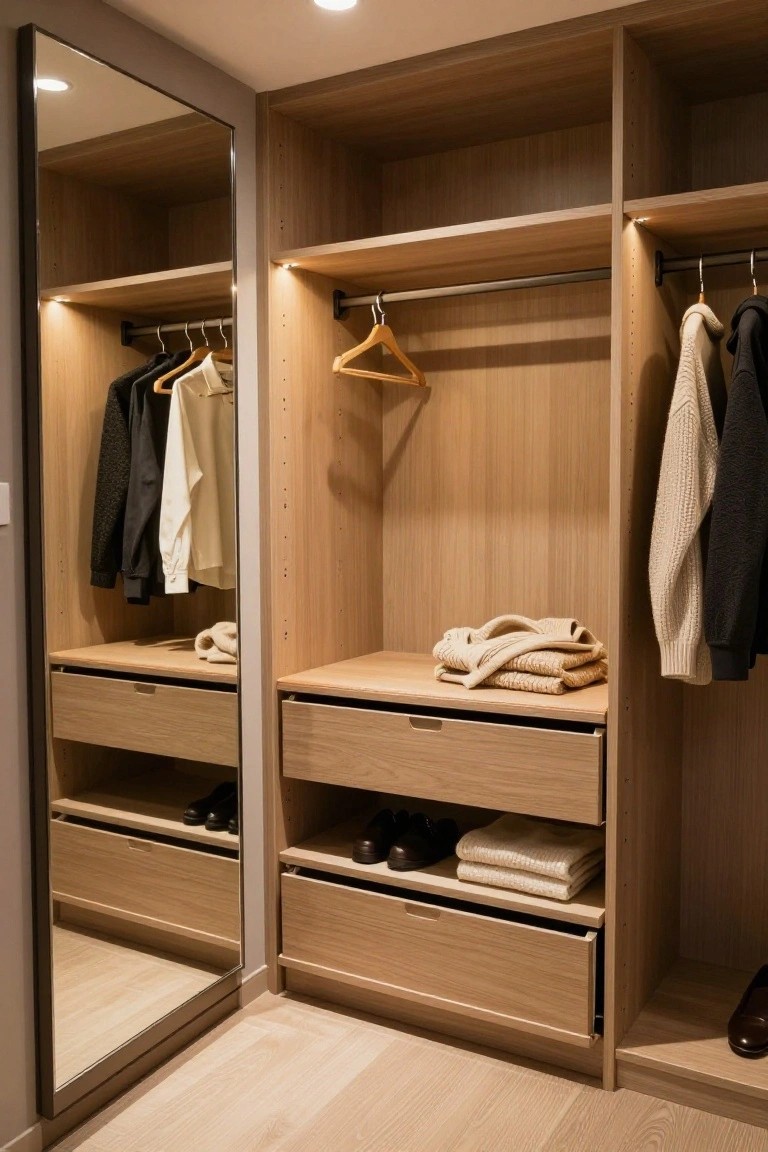 A walk-in closet with light wood cabinetry, multiple drawers, hanging rods, folded sweaters, and a full-length mirror on the door.