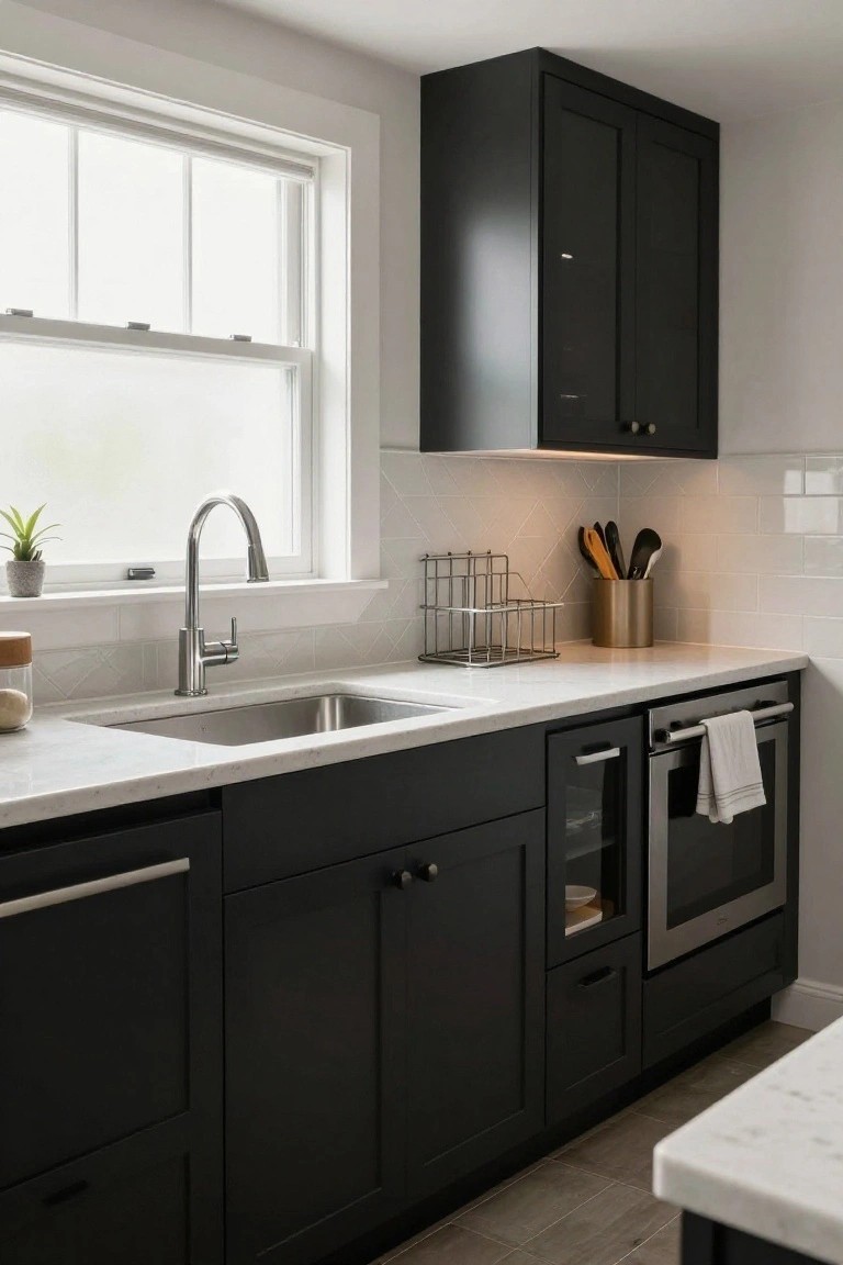 A kitchen with dark cabinets, white countertops, a sink under a window, and built-in stainless steel oven and microwave along one wall.