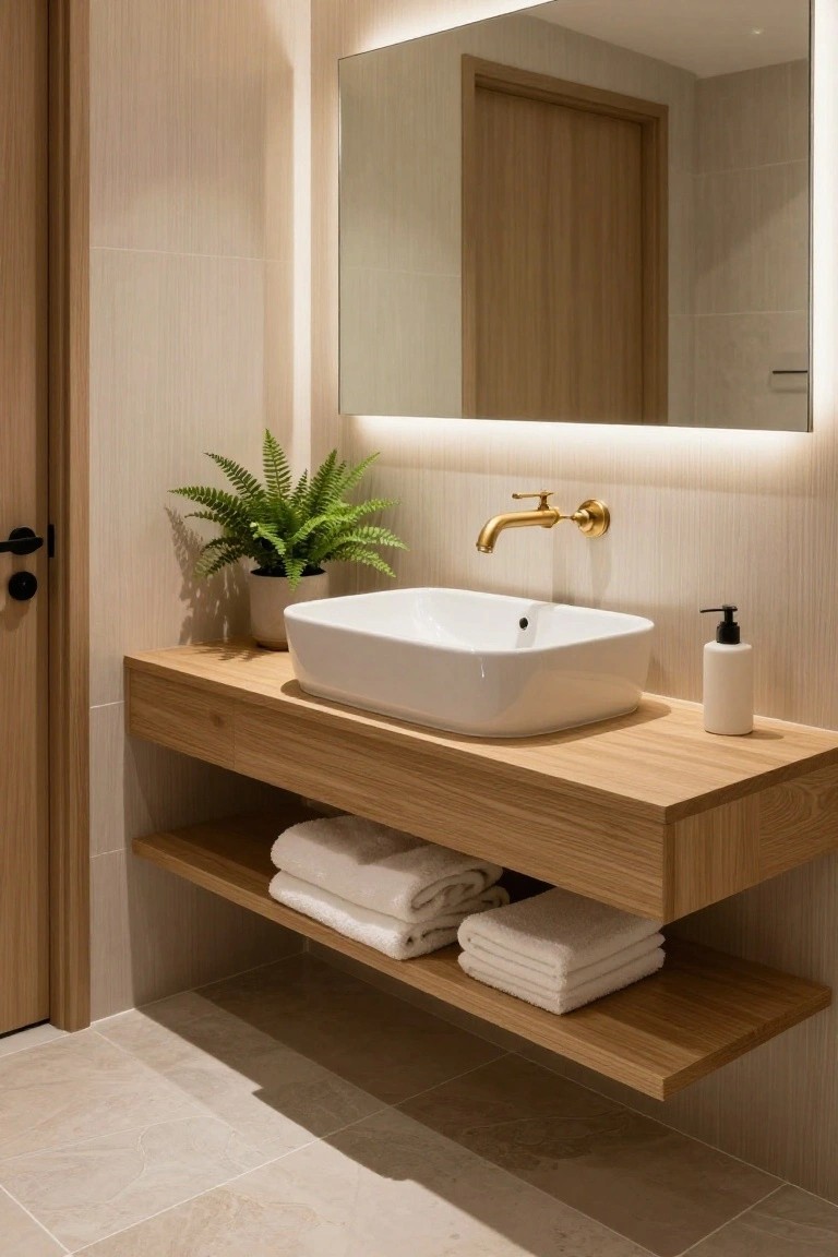 A modern bathroom features a white vessel sink on a wooden floating vanity with an open lower shelf holding folded white towels, a gold wall-mounted faucet, and a potted fern to the left.