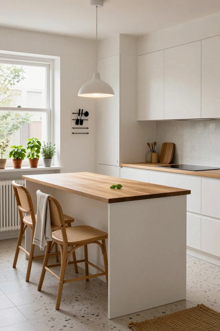 A bright kitchen with a white island topped in light wood, two wooden bar stools with woven seats, and white cabinets along the back wall.