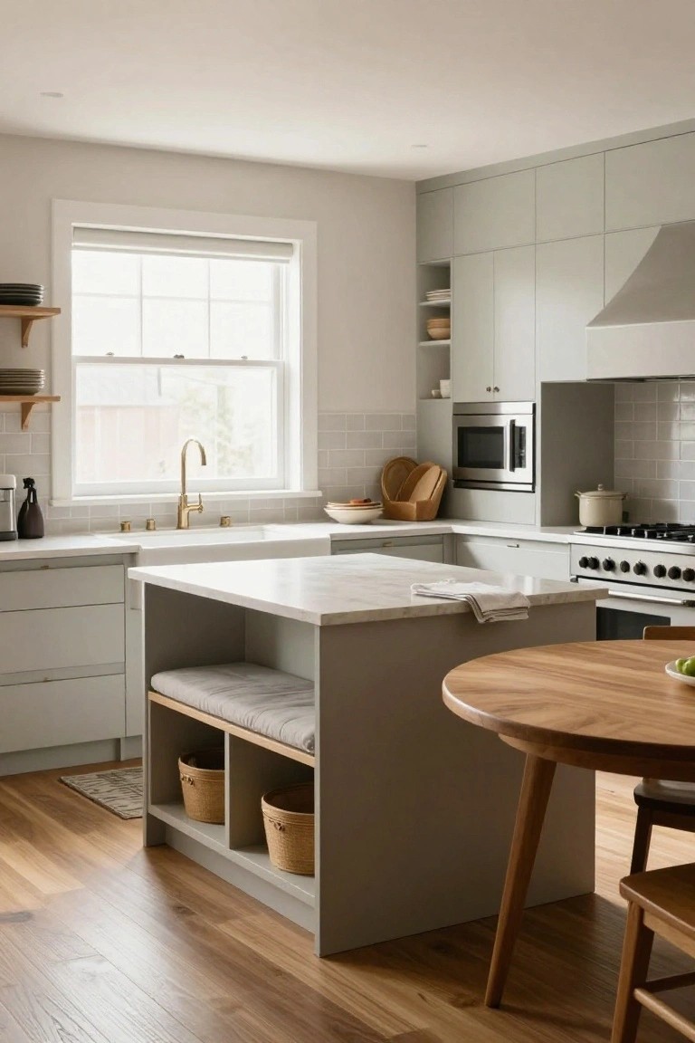 A kitchen interior showing a central island with built-in bench seating, open storage cubbies holding woven baskets, light gray cabinets, a marble countertop, and a window above the sink.