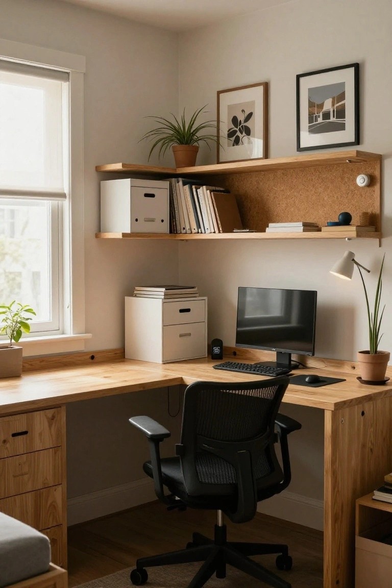 A home office corner featuring an L-shaped wooden desk with a black mesh chair, computer monitor, keyboard, and floating wooden shelves holding storage boxes and books.