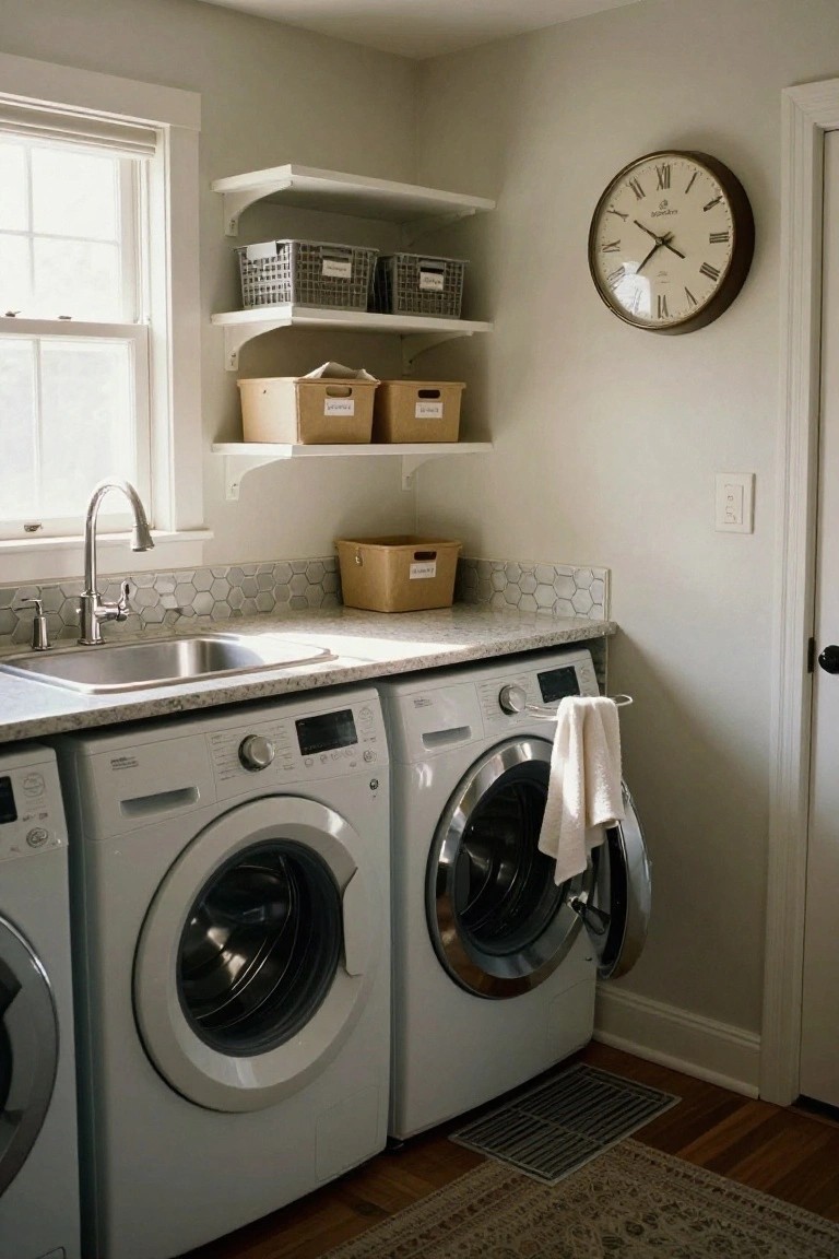 A laundry room with two front-loading machines under open white shelves holding storage baskets and bins, a utility sink on the left, and a wall clock above.