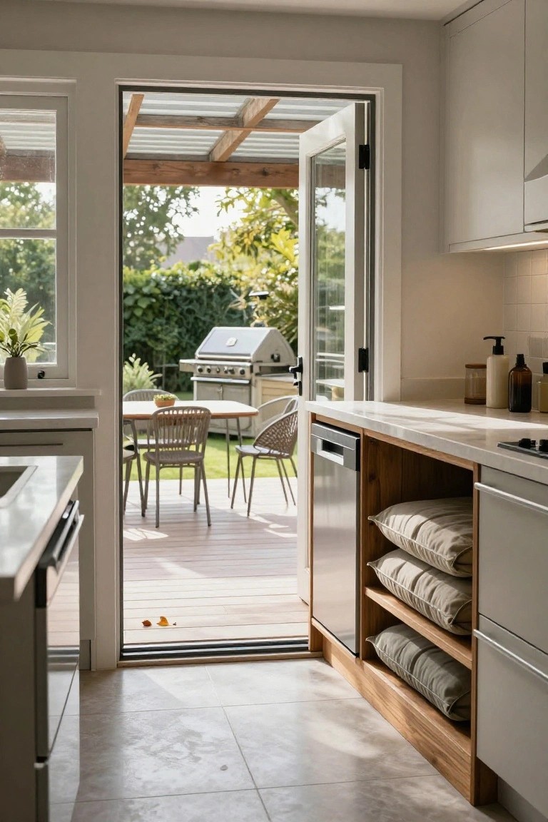 A kitchen with an open glass door leading to a wooden deck that holds a table, chairs, and a grill.