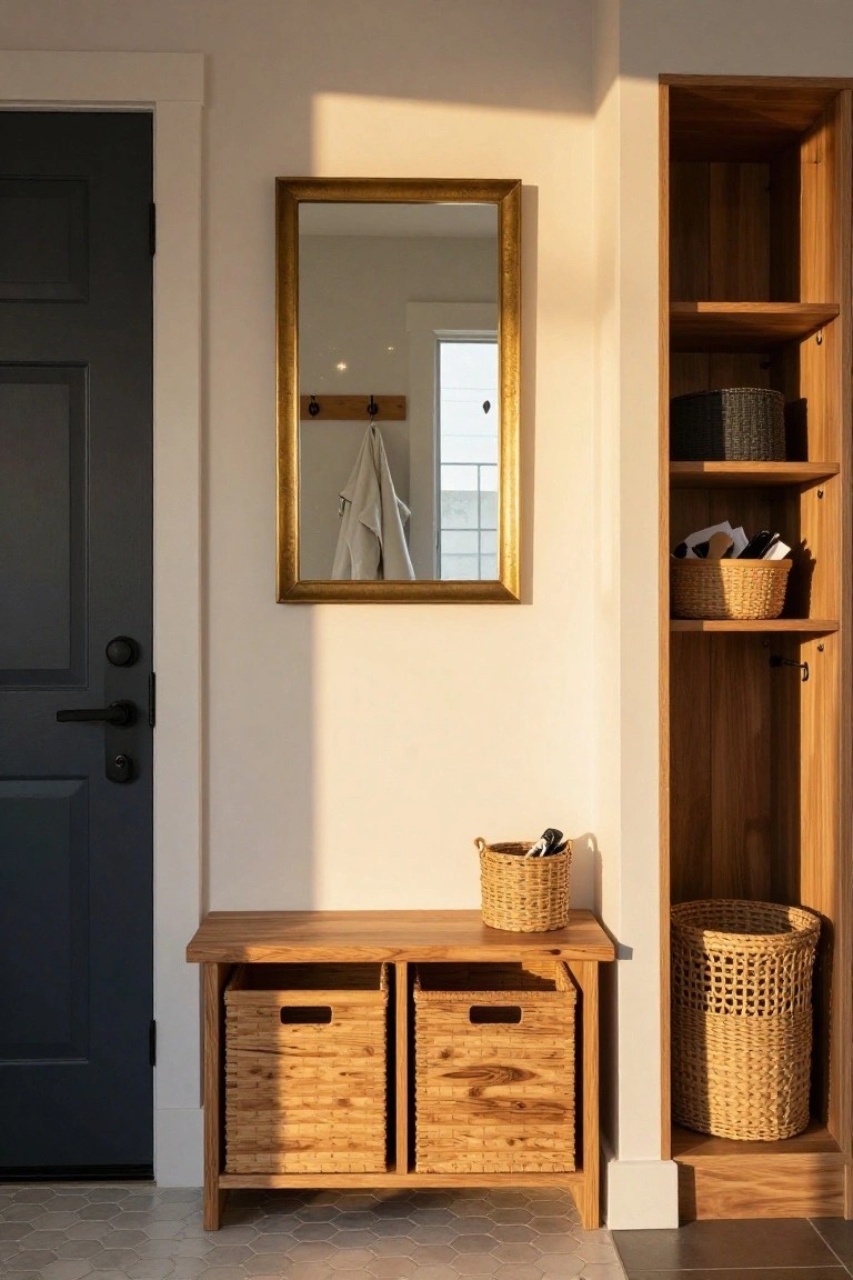 An interior entryway featuring a wooden bench with two woven baskets underneath, a gold-framed mirror on the wall above, open wooden shelving to the right, and a dark door on the left.