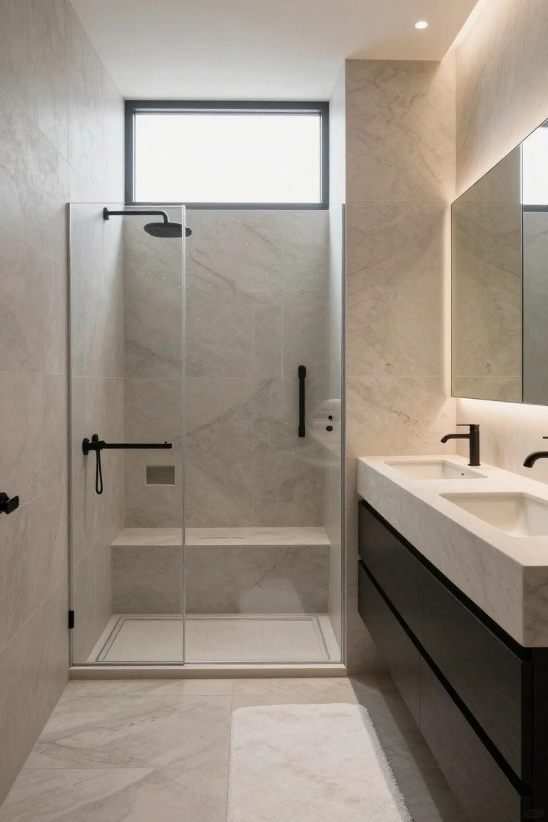 A bathroom with a large marble-tiled walk-in shower containing a built-in bench and black fixtures, positioned next to a double vanity with dark cabinets.