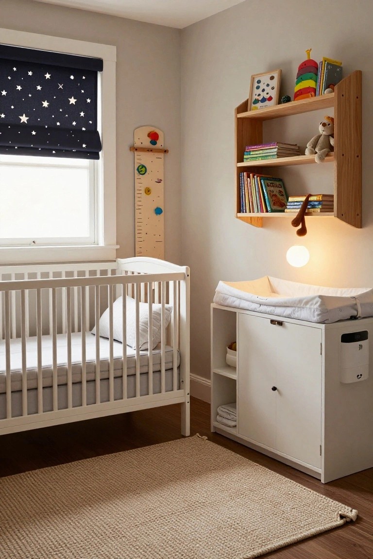 A nursery with a white crib beside a window with a star-patterned shade, a wooden growth chart on the wall, and wall-mounted shelves above a white changing table with cabinet storage.
