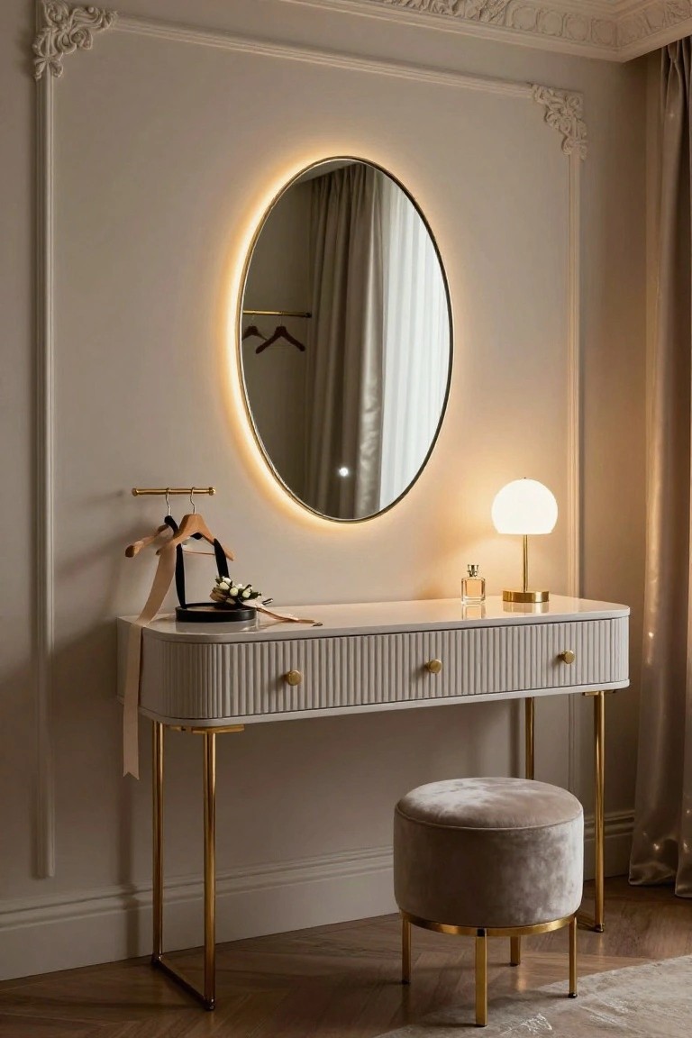 An oval backlit mirror mounted above a white console vanity with fluted drawers and gold legs, accompanied by a round upholstered stool.