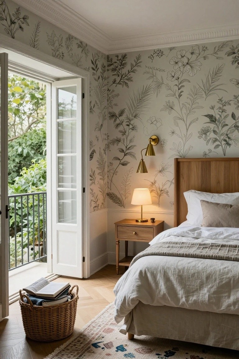 A bedroom featuring light botanical wallpaper with black line drawings of plants and flowers, a wooden bed with white bedding, a wooden nightstand with a lamp, and open French doors to a balcony.