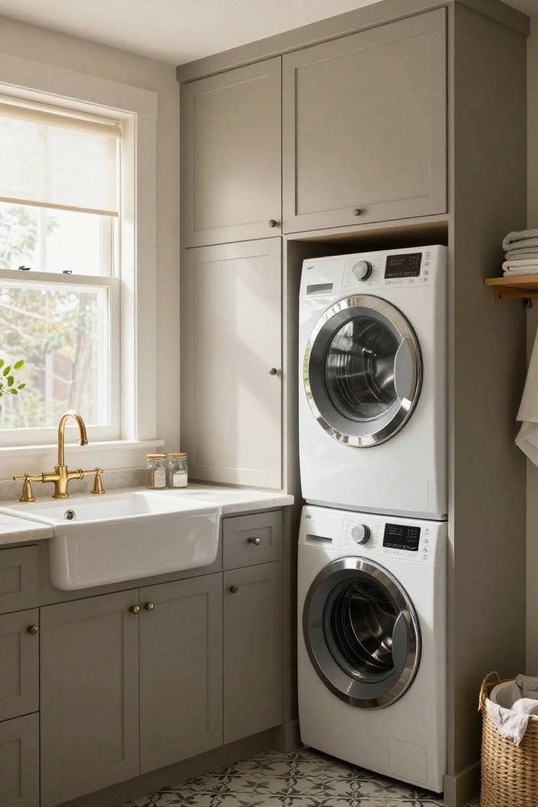 A laundry room featuring gray built-in cabinets with a stacked white washer and dryer unit, positioned beside a white farmhouse sink under a window.