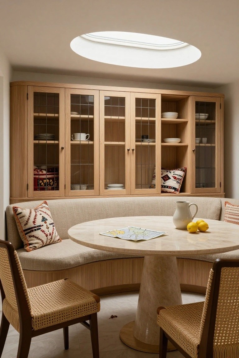 Modern dining nook with round marble table, curved banquette, and glass-front cabinet.