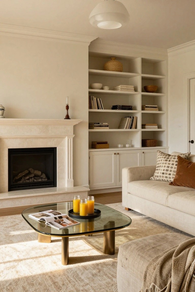 A living room with a stone fireplace, white built-in shelving and cabinets, a glass coffee table holding three glasses of orange juice, and a beige sofa with patterned pillows.