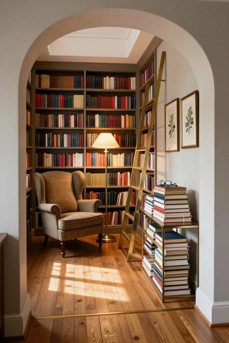 Interior view of a library room with floor-to-ceiling built-in bookshelves, a patterned armchair, a brass floor lamp, and a gold rolling ladder beside stacked books on a console.