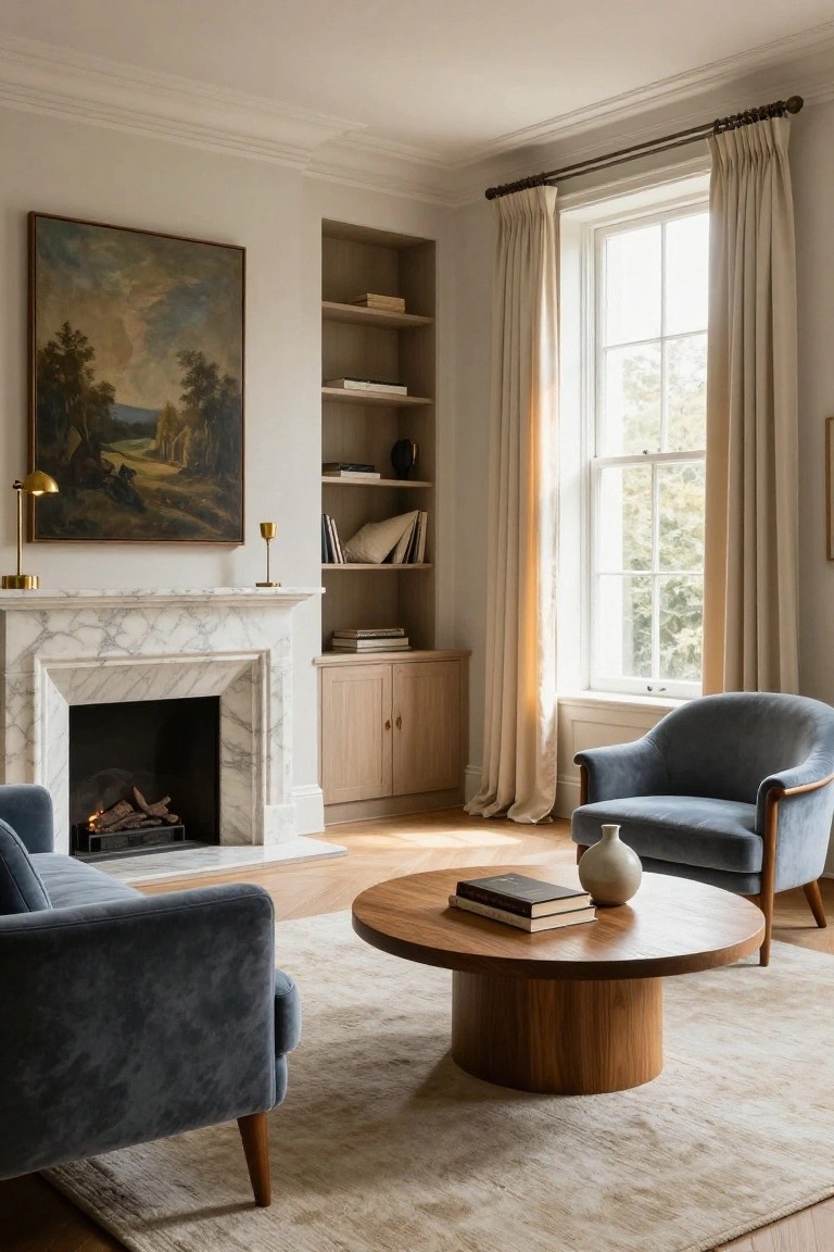 A living room with a marble fireplace, built-in light wood shelves and cabinets, two blue armchairs, a round wooden coffee table on a rug, and a large window with curtains.