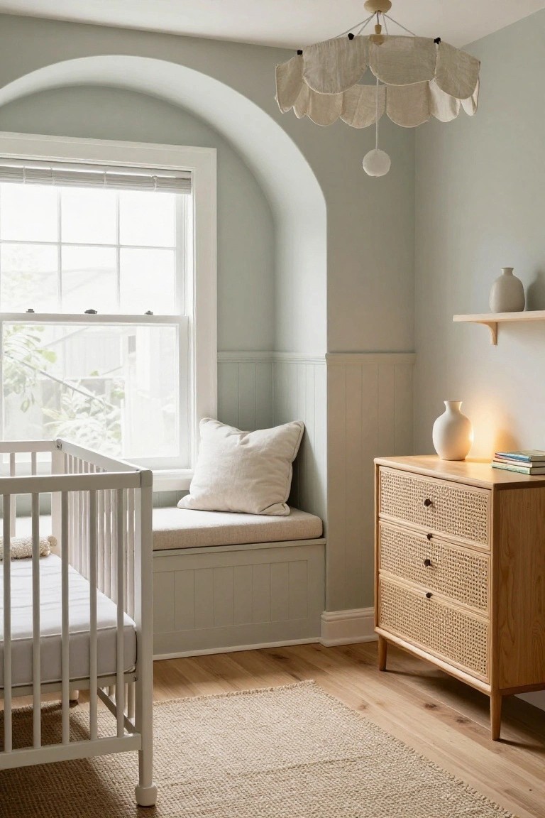 A bright nursery interior featuring a white crib beside a built-in window bench with a cushion under an arched window, next to a wooden dresser with cane-front drawers.