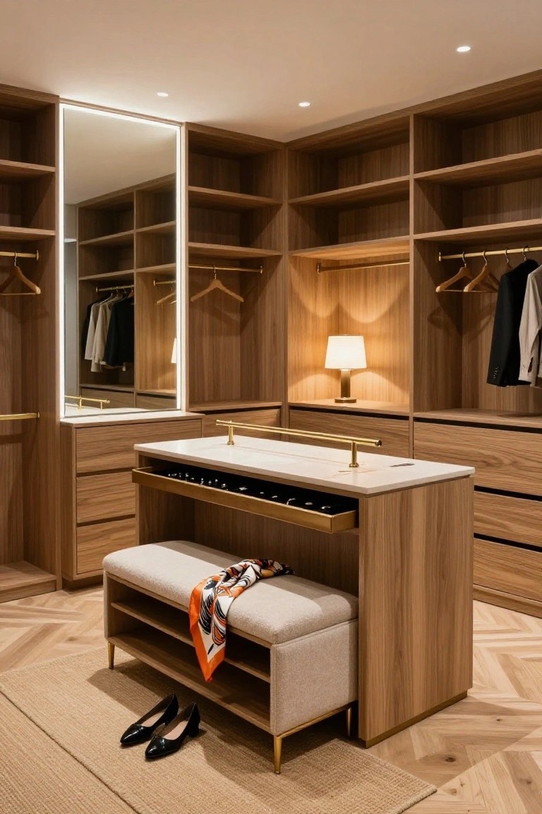 A spacious walk-in closet with wood cabinetry, a central island featuring a white countertop and open jewelry drawer, a bench underneath, and hanging rods along the walls.