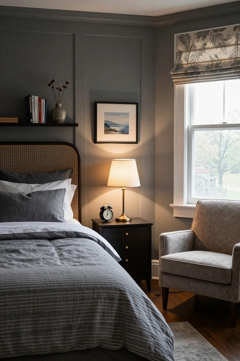 A bedroom with gray paneled walls, a bed with gray striped bedding and a cane headboard, a lit brass lamp on a dark nightstand, a gray armchair, and a window with a patterned Roman shade.