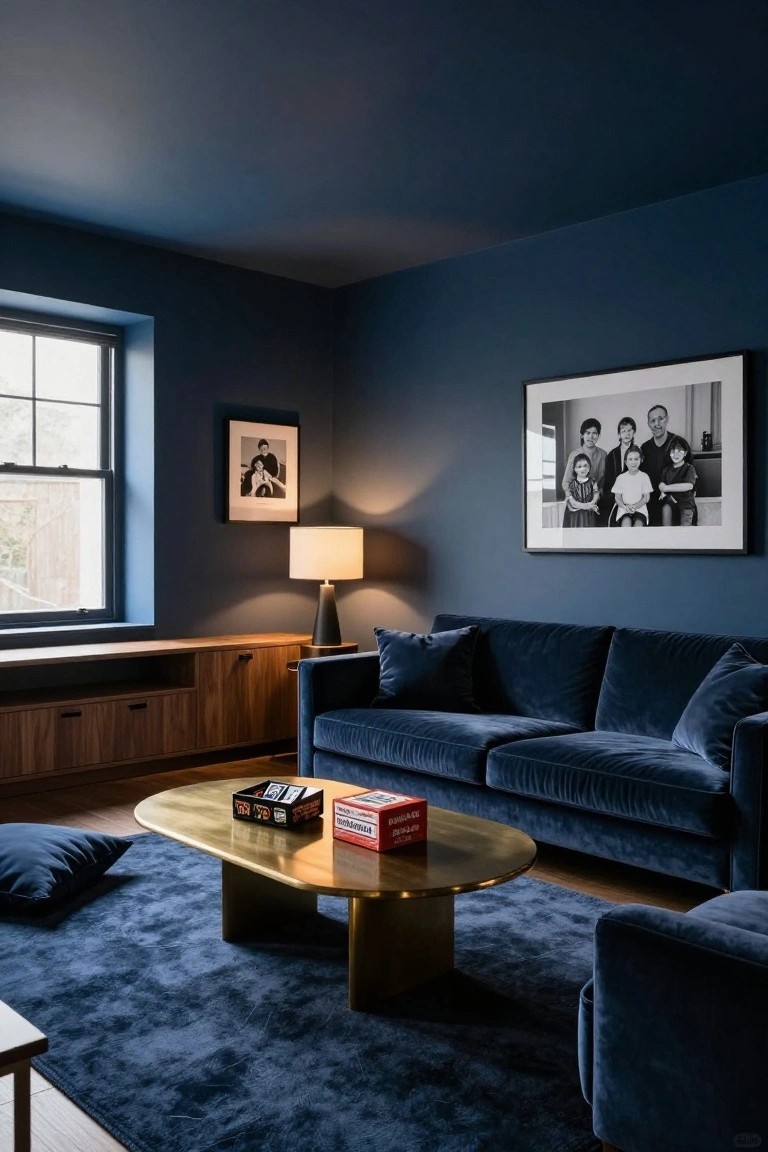 A living room with dark blue walls, a navy velvet sofa, an oval brass coffee table on a blue rug, and framed black and white photos.