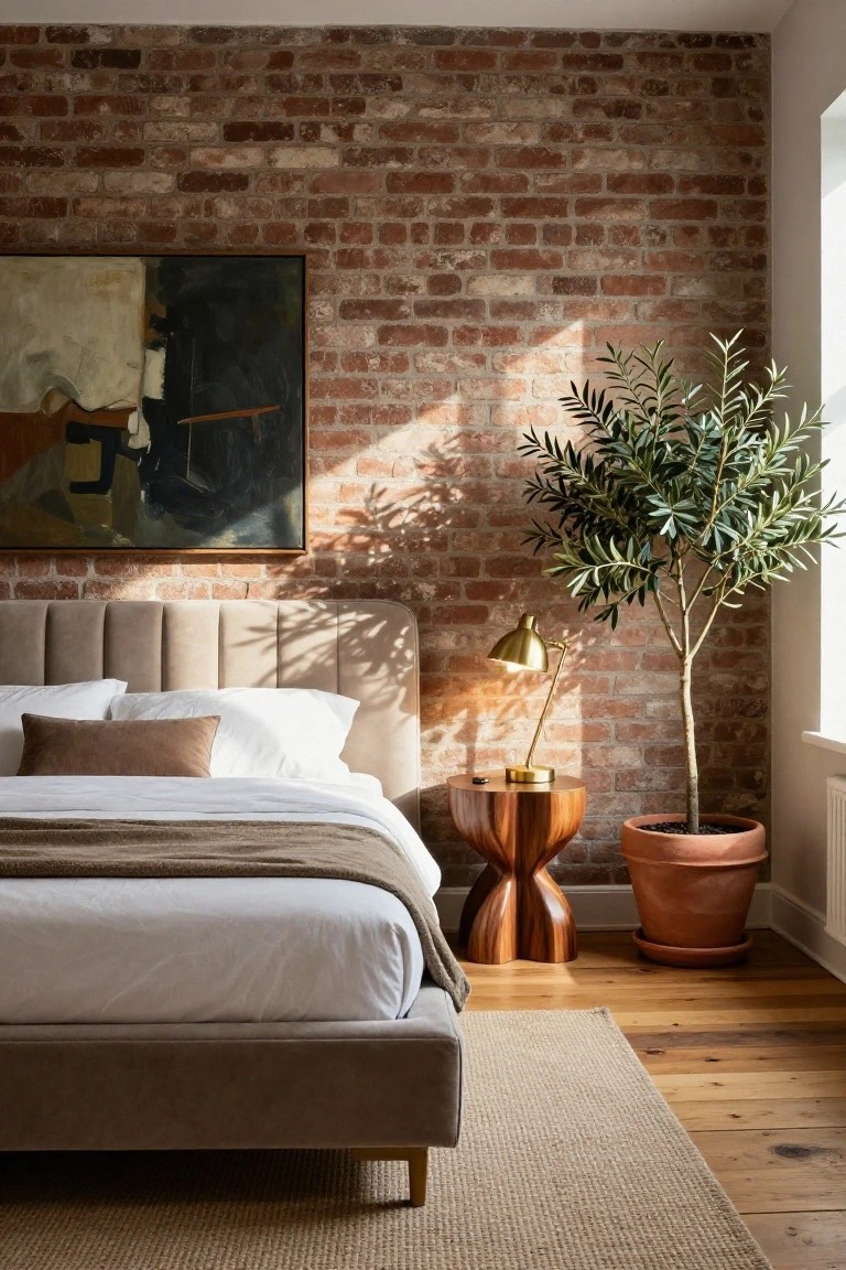 A bedroom featuring an upholstered bed against an exposed brick wall, with abstract artwork above the bed, a wooden side table holding a brass lamp, and a large potted tree on a wooden floor.