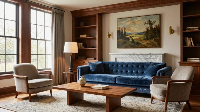 A living room with a marble fireplace, built-in light wood shelves and cabinets, two blue armchairs, a round wooden coffee table on a rug, and a large window with curtains.