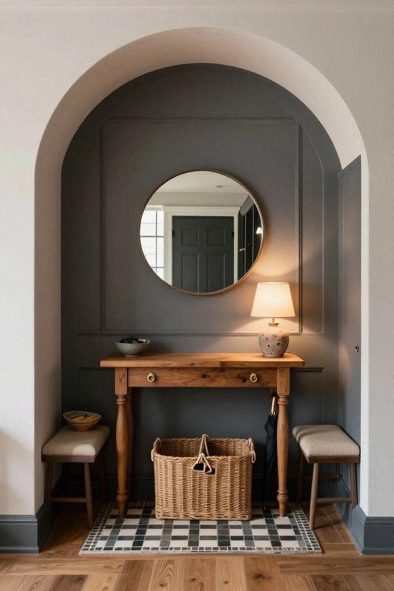 A wooden console table centered in a gray arched alcove with a round mirror above, a lamp on the table, and upholstered stools positioned on both sides.