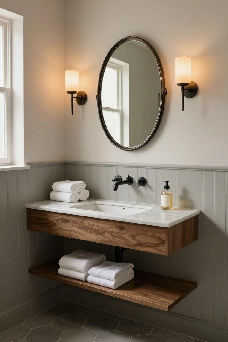 A bathroom with a floating wood vanity, white marble countertop, round mirror, two wall sconces, and an open lower shelf holding folded towels.