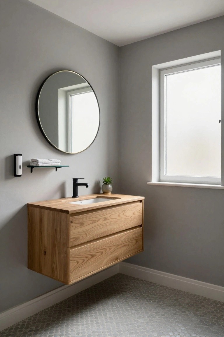 A bathroom with a floating light wood vanity, round mirror above it, black faucet, and gray walls.