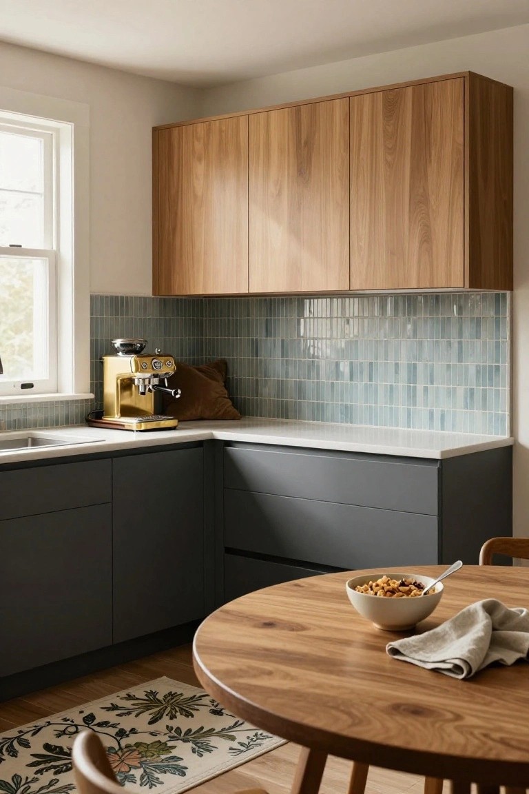 A kitchen corner with light wood upper cabinets, dark gray lower cabinets and drawers, a blue-green tile backsplash, a gold espresso machine on the counter, and a round wooden dining table in the foreground.