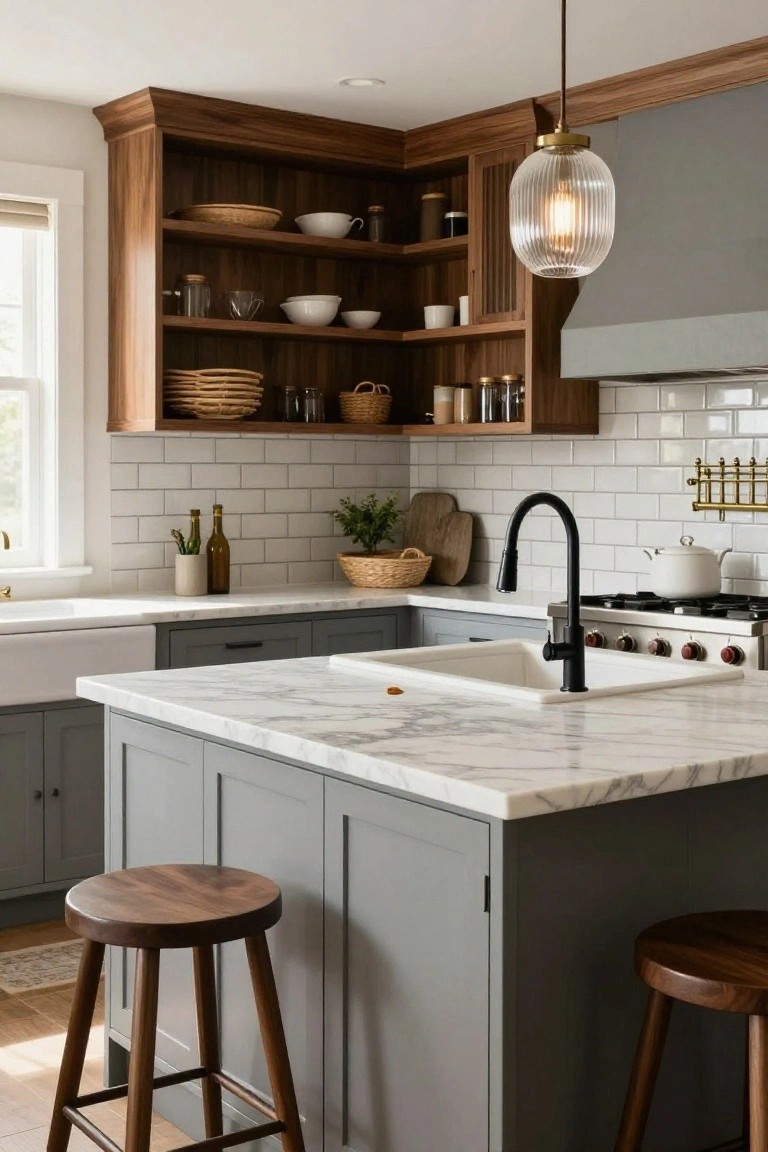 A kitchen interior with gray lower cabinets, white marble countertops and island, open dark wood upper shelves holding dishes and baskets, a black faucet, and two wooden stools.