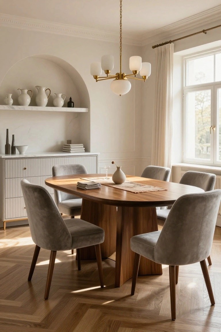 An oval wooden dining table with a thick pedestal base sits in a light room, surrounded by six gray velvet chairs, beneath a brass and glass chandelier, with a built-in arched niche and sideboard in the background.