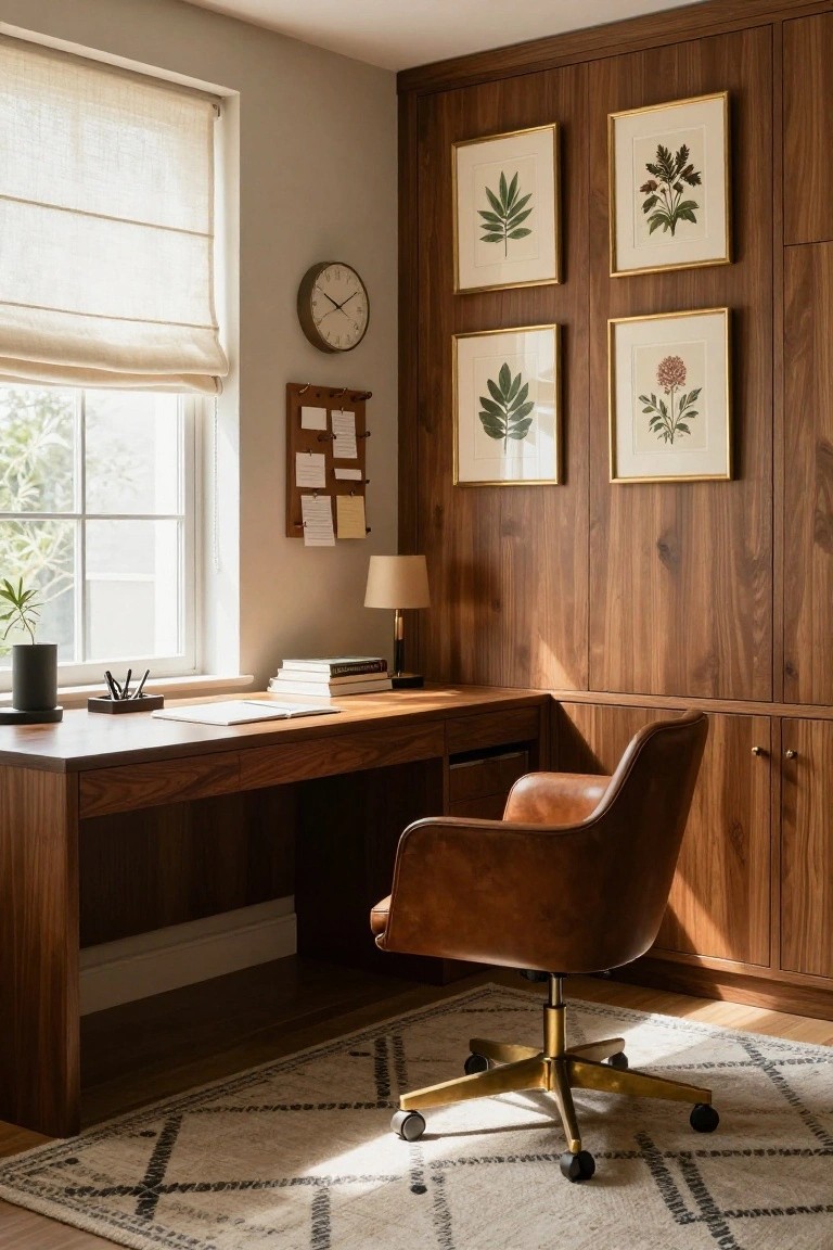 A home office featuring a wooden desk, brown leather swivel chair, wood-paneled walls with four framed botanical prints, a window with a rolled shade, and a corkboard above the desk.
