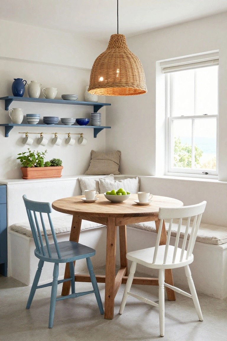 A round wooden dining table with two mismatched chairs sits in front of white built-in benches with cushions, blue wall shelves holding dishes, and a large woven pendant light overhead.