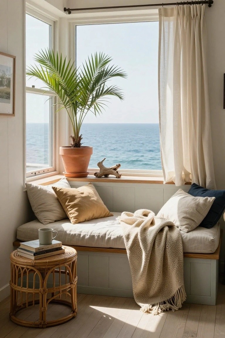 An interior view of a built-in window seat with white and beige cushions, a folded throw, a potted palm on the sill, and an ocean view through large windows.