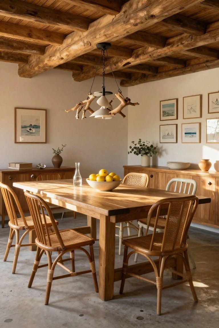 A dining room with a long wooden table, mixed wooden and rattan chairs, exposed ceiling beams, and light-colored walls with framed art.