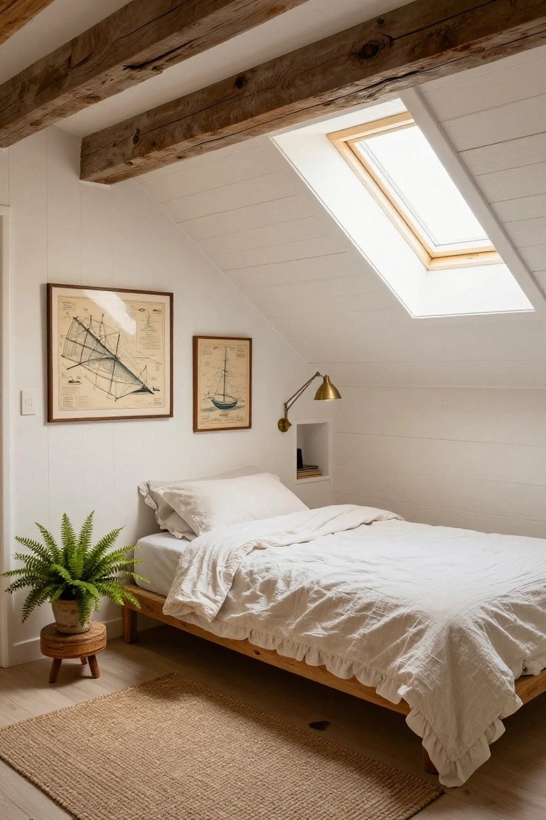 A bedroom with white shiplap walls, exposed dark wooden ceiling beams, a sloped ceiling with skylight, a wooden bed with white linens, two framed boat prints, a wall sconce, and a potted fern on a small stool.