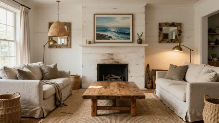 A living room featuring a whitewashed brick fireplace, wooden coffee table on a jute rug, and a large woven pendant light hanging from the ceiling.