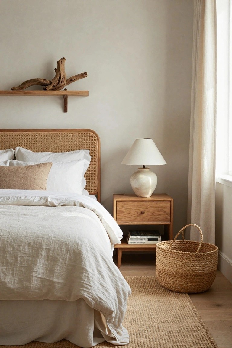A bedroom interior showing a wooden bed with a rattan headboard dressed in white and beige linen, a wooden nightstand holding a ceramic lamp, stacked books, and a woven basket on a jute rug.